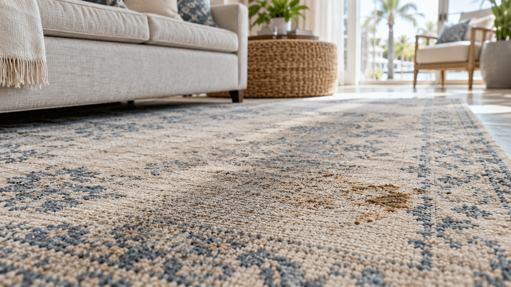 Worn stained area rug